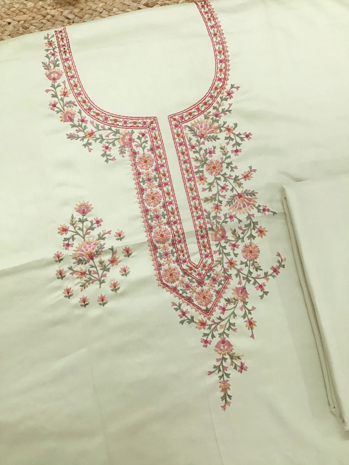 Soft Woollen Slub Silk Embroidered Suit - Green