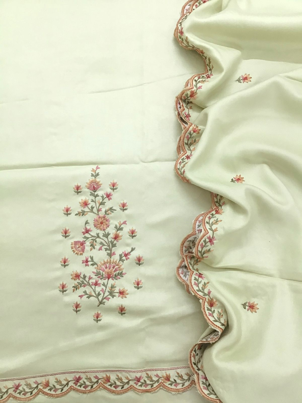 Soft Woollen Slub Silk Embroidered Suit - Green