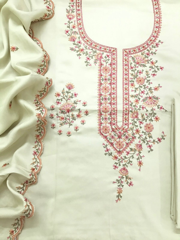 Image of Soft Woollen Slub Silk Embroidered Suit - Green