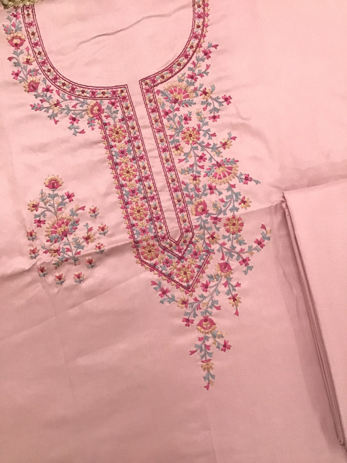 Soft Woollen Slub Silk Embroidered Suit - Pink