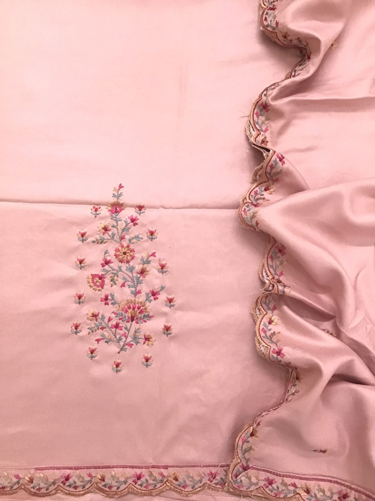 Soft Woollen Slub Silk Embroidered Suit - Pink
