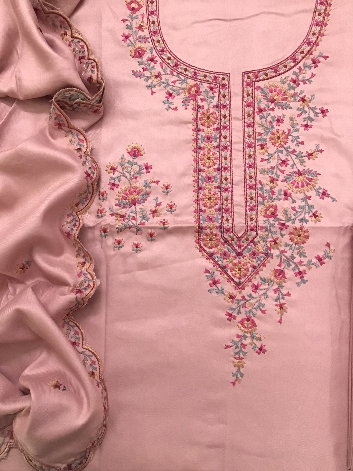 Soft Woollen Slub Silk Embroidered Suit - Pink