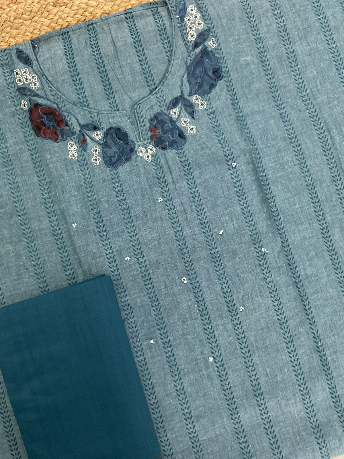 Pure Handloom Cotton Self Weaved Printed Embroidered Suit - Blue