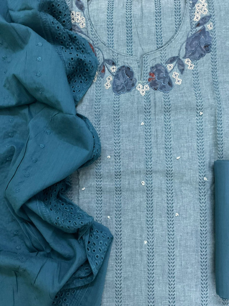 Image of Pure Handloom Cotton Self Weaved Printed Embroidered Suit - Blue