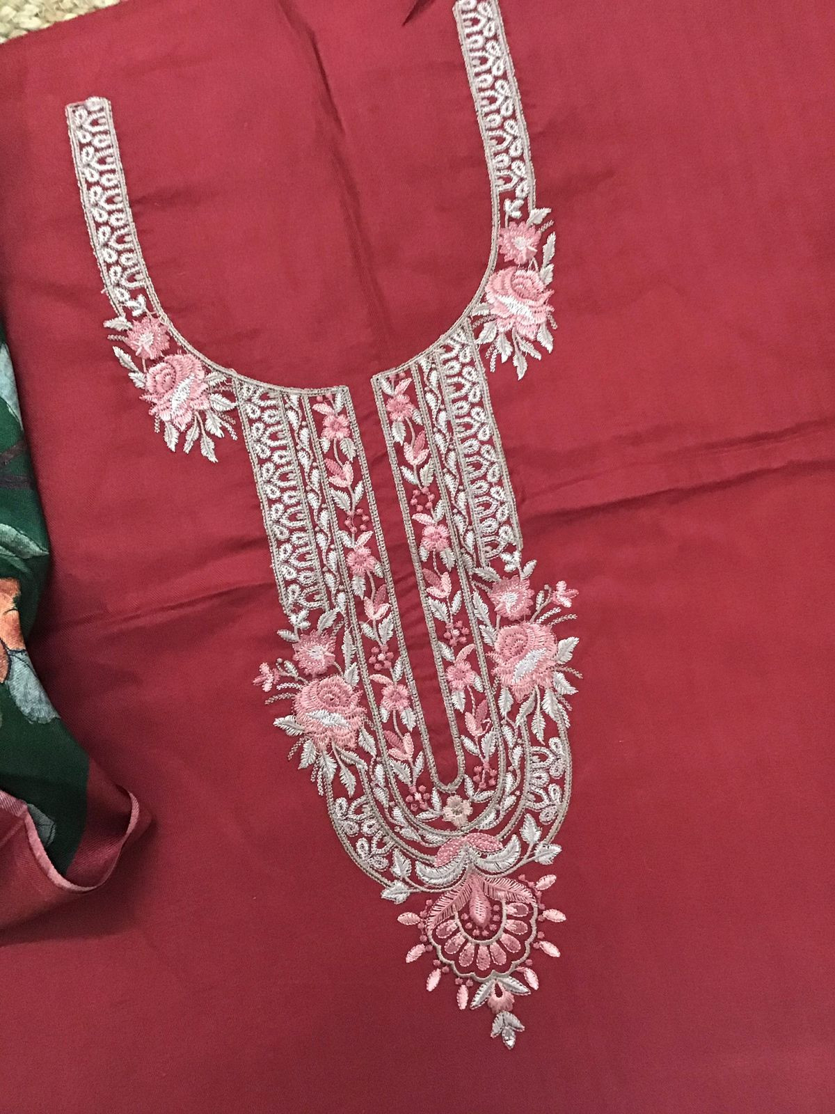 Soft Woollen Slub Silk Printed Embroidered Suit - Red