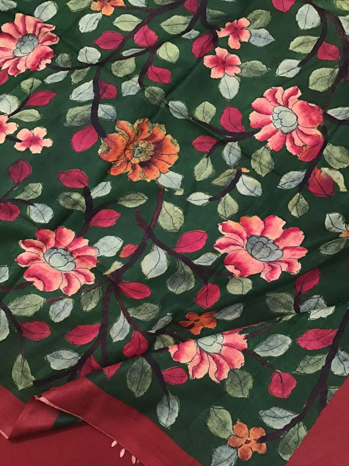 Soft Woollen Slub Silk Printed Embroidered Suit - Red