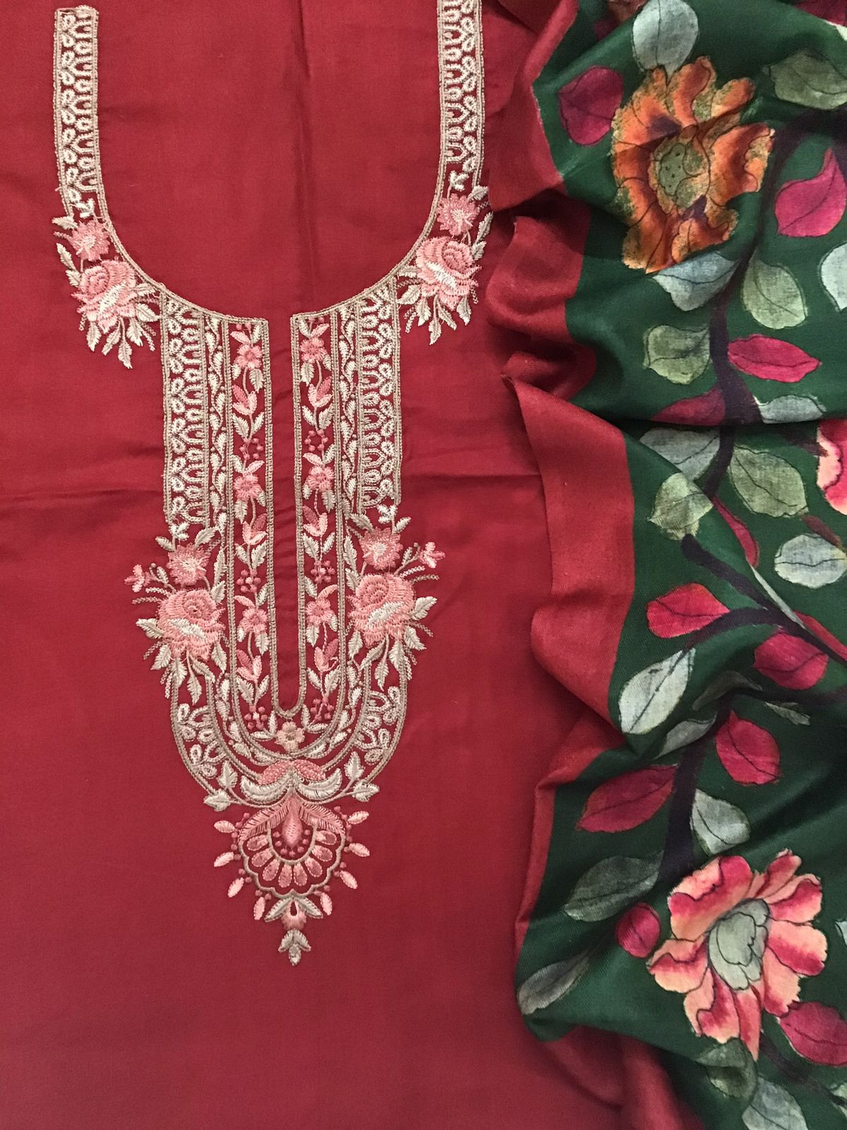 Soft Woollen Slub Silk Printed Embroidered Suit - Red
