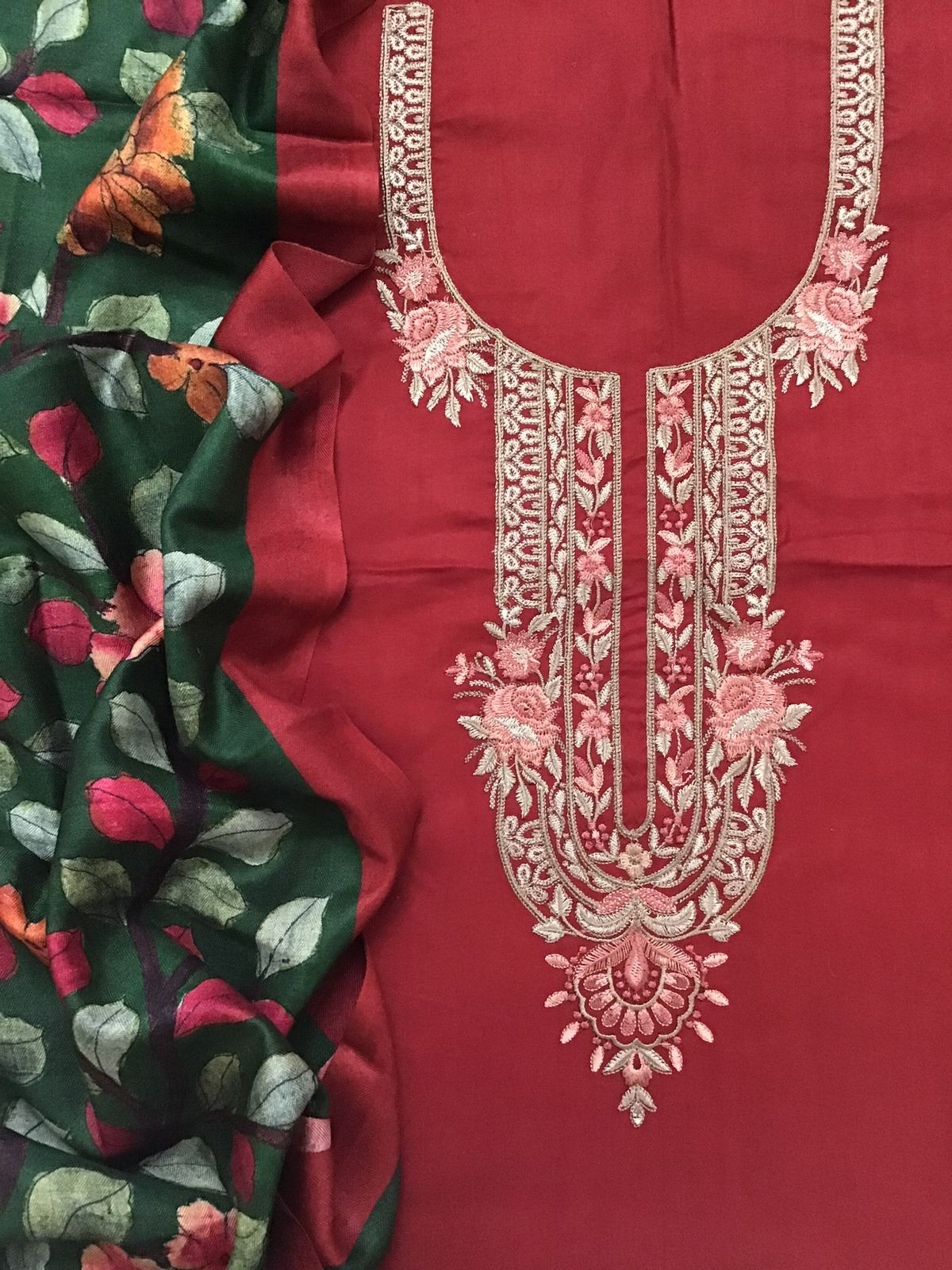 Soft Woollen Slub Silk Printed Embroidered Suit - Red