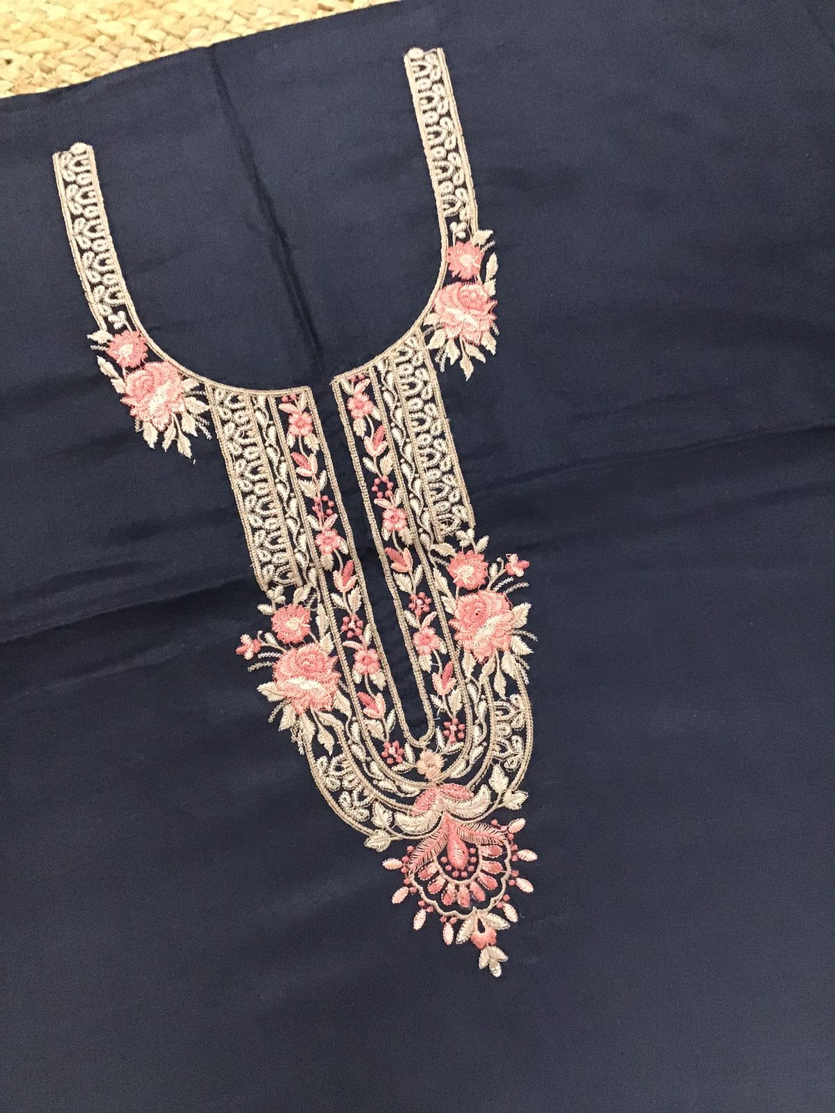 Soft Woollen Slub Silk Printed Embroidered Suit - Blue