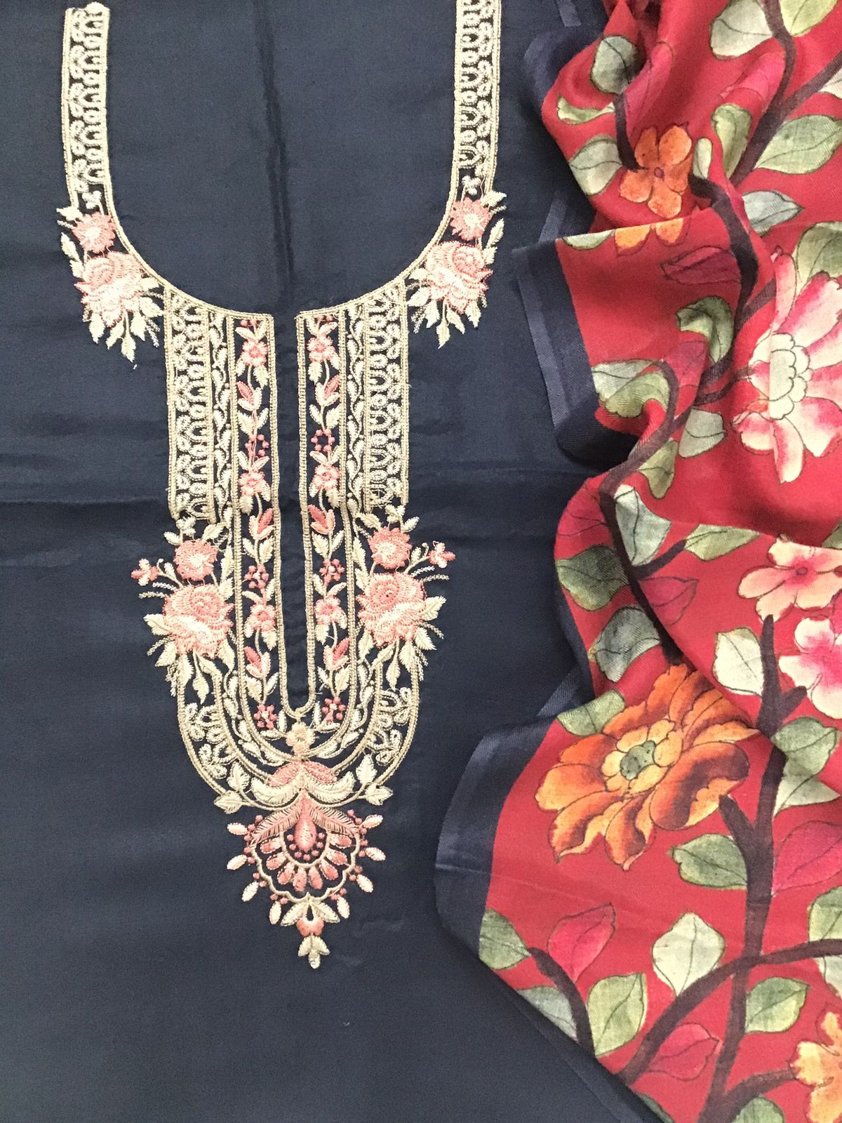 Soft Woollen Slub Silk Printed Embroidered Suit - Blue