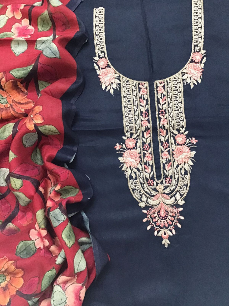 Image of Soft Woollen Slub Silk Printed Embroidered Suit - Blue