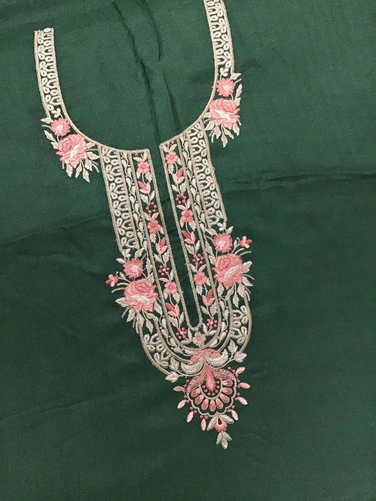 Soft Woollen Slub Silk Printed Embroidered Suit - Green