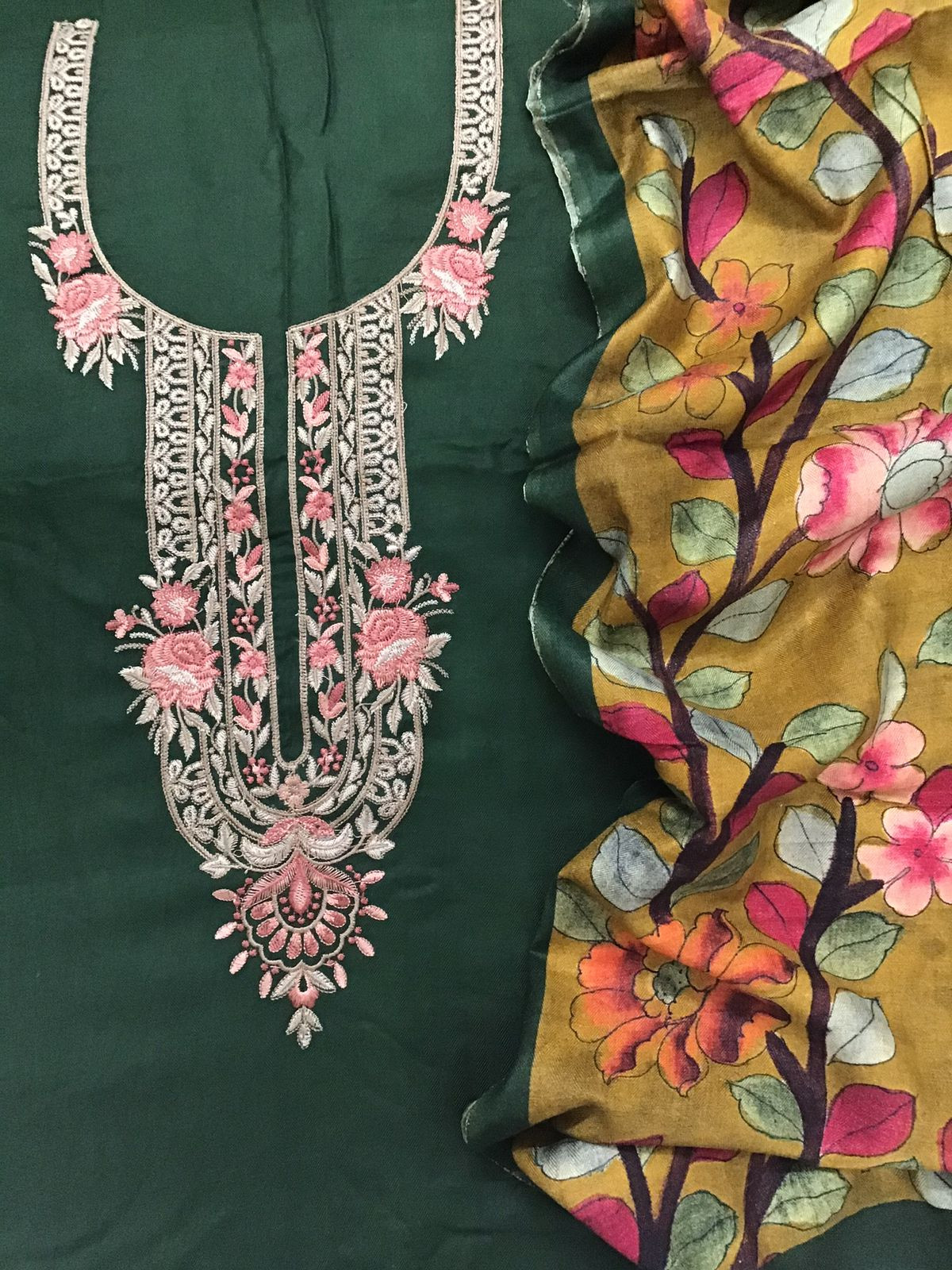 Soft Woollen Slub Silk Printed Embroidered Suit - Green