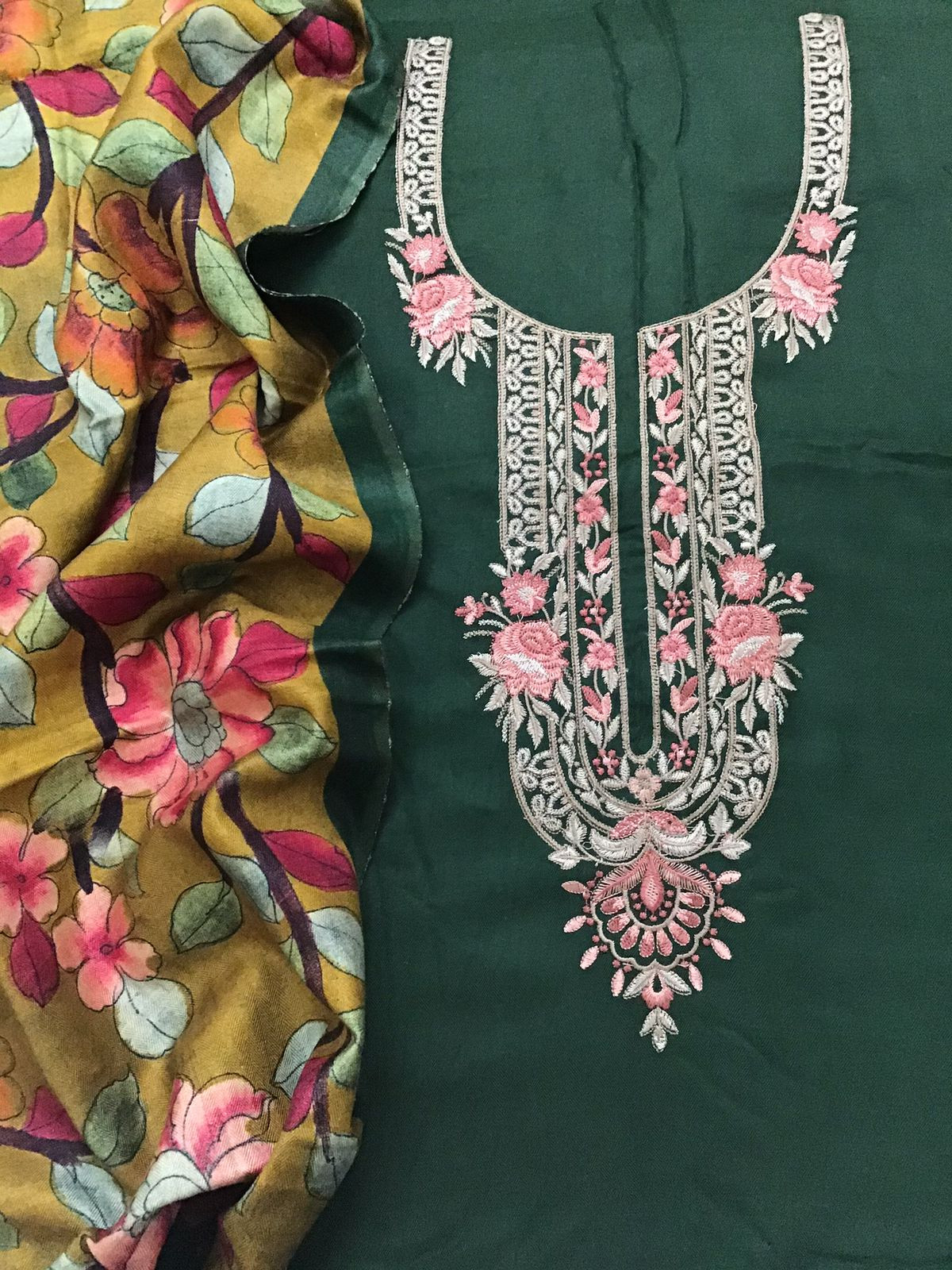 Soft Woollen Slub Silk Printed Embroidered Suit - Green