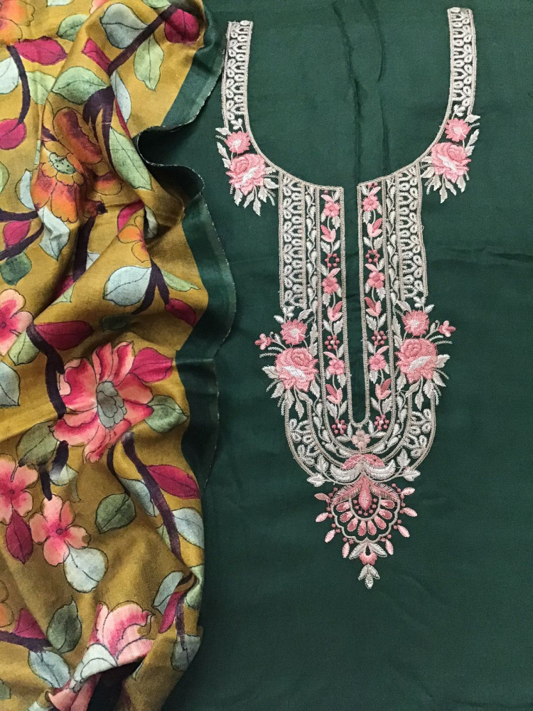 Image of Soft Woollen Slub Silk Printed Embroidered Suit - Green
