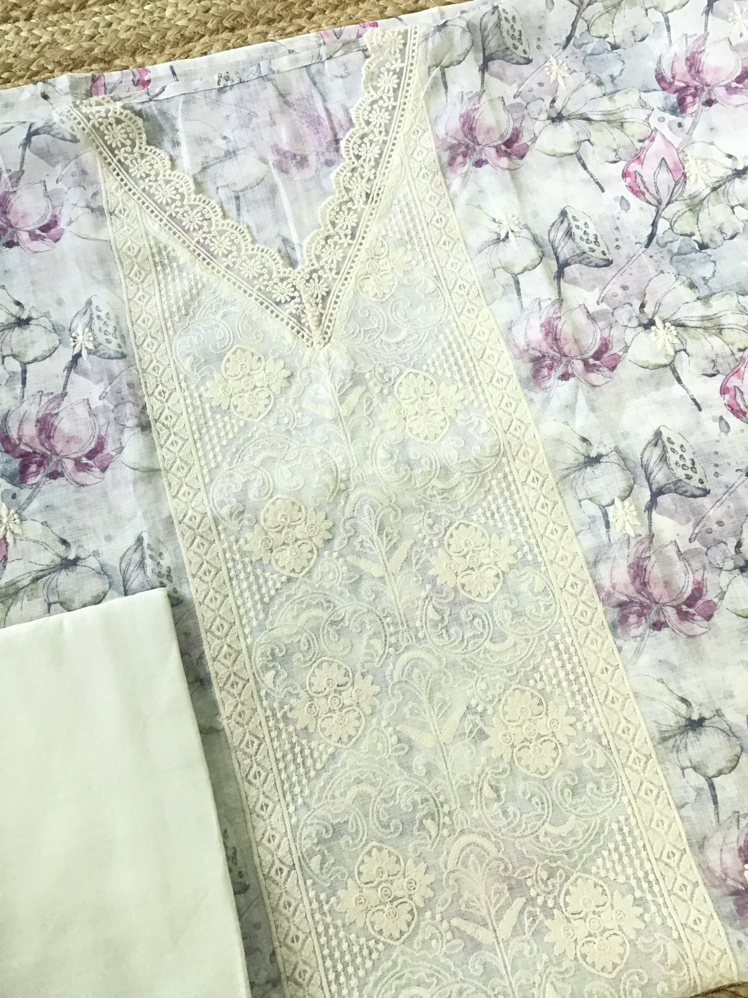 Soft Linen Jute Cotton Embroidered Suit - Blue