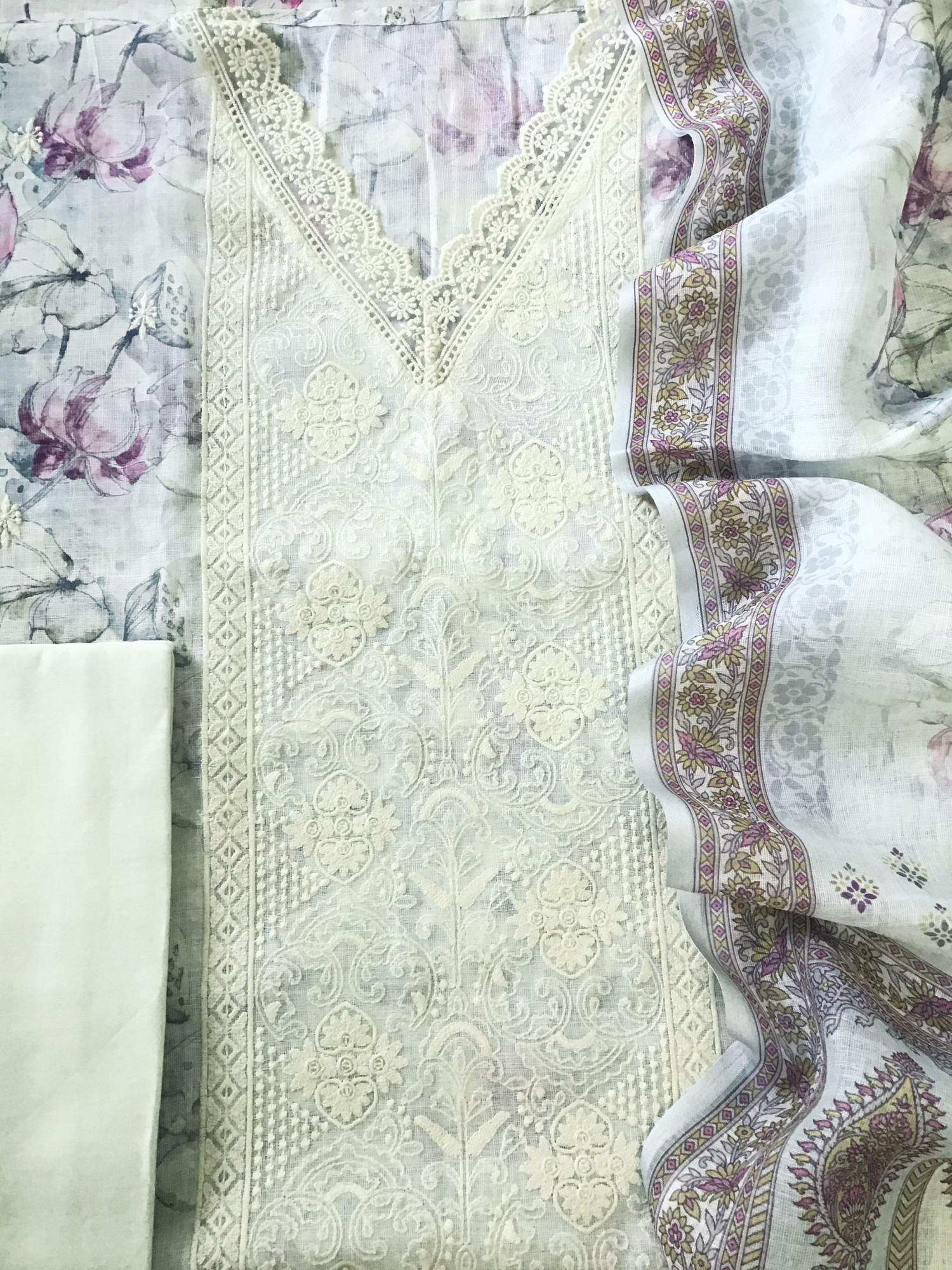 Soft Linen Jute Cotton Embroidered Suit - Blue
