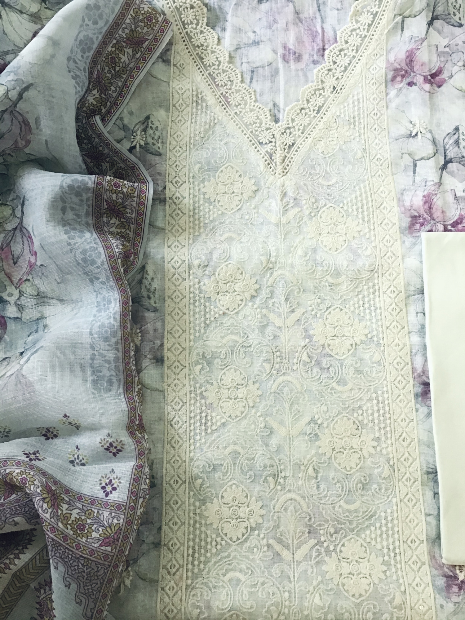 Soft Linen Jute Cotton Embroidered Suit - Blue