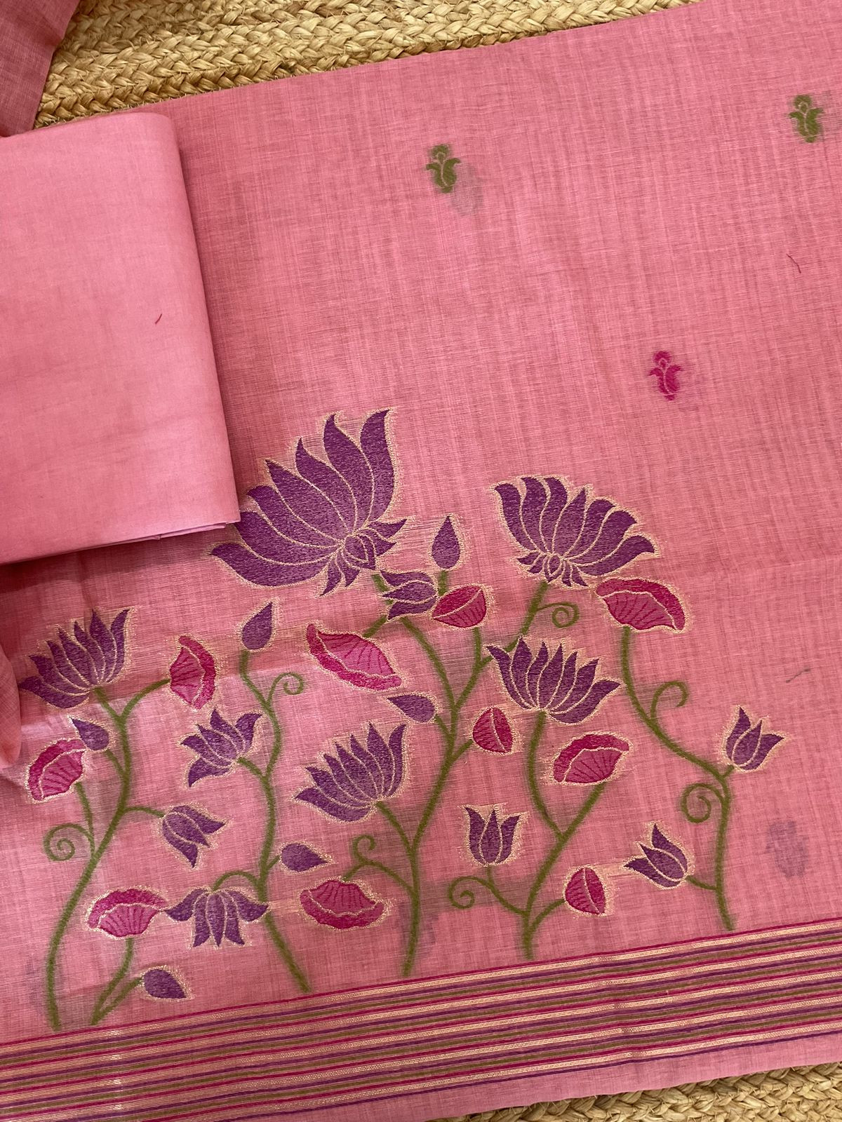 Soft Slub Chanderi Jamdani Weaved Embroidered Suit - Pink