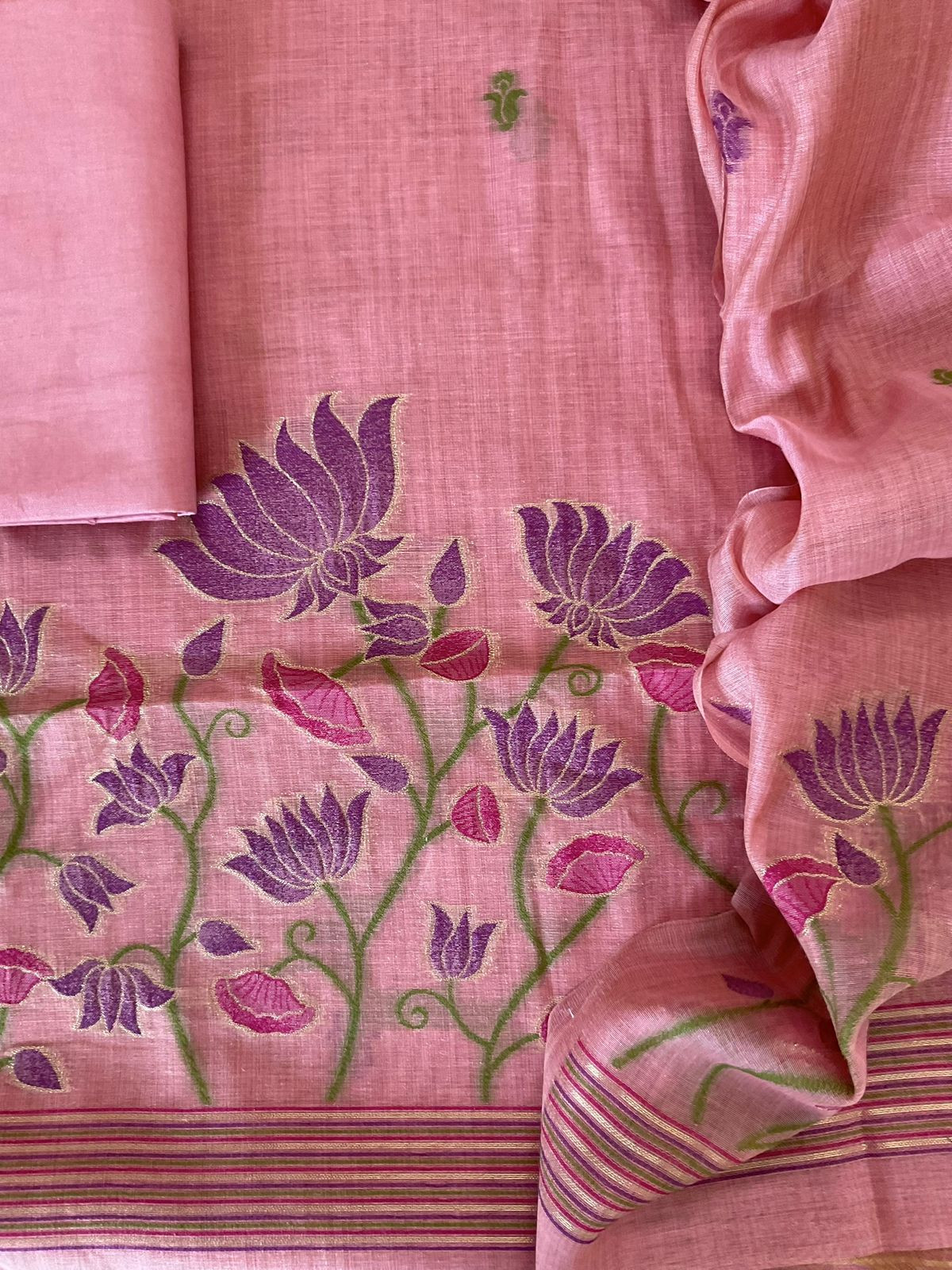 Soft Slub Chanderi Jamdani Weaved Embroidered Suit - Pink