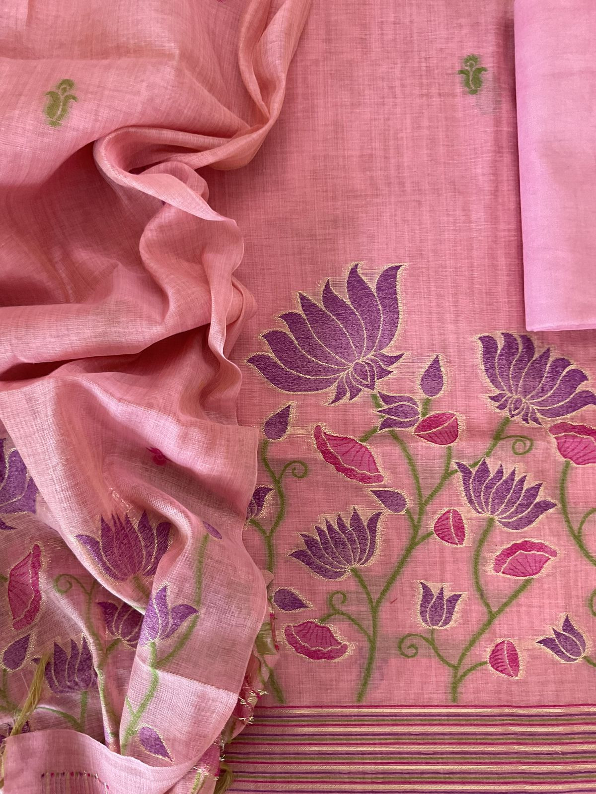 Soft Slub Chanderi Jamdani Weaved Embroidered Suit - Pink