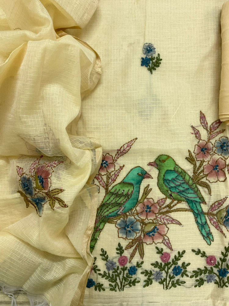 Image of Soft Tissue Kota Silk Printed Embroidered Suit - Yellow