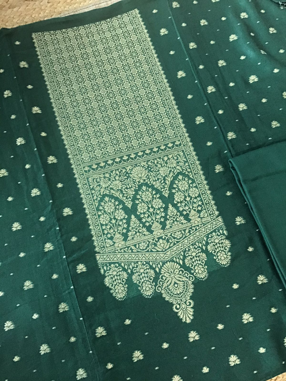 Soft Woollen Slub Silk Banarasi Weaved Suit - Green