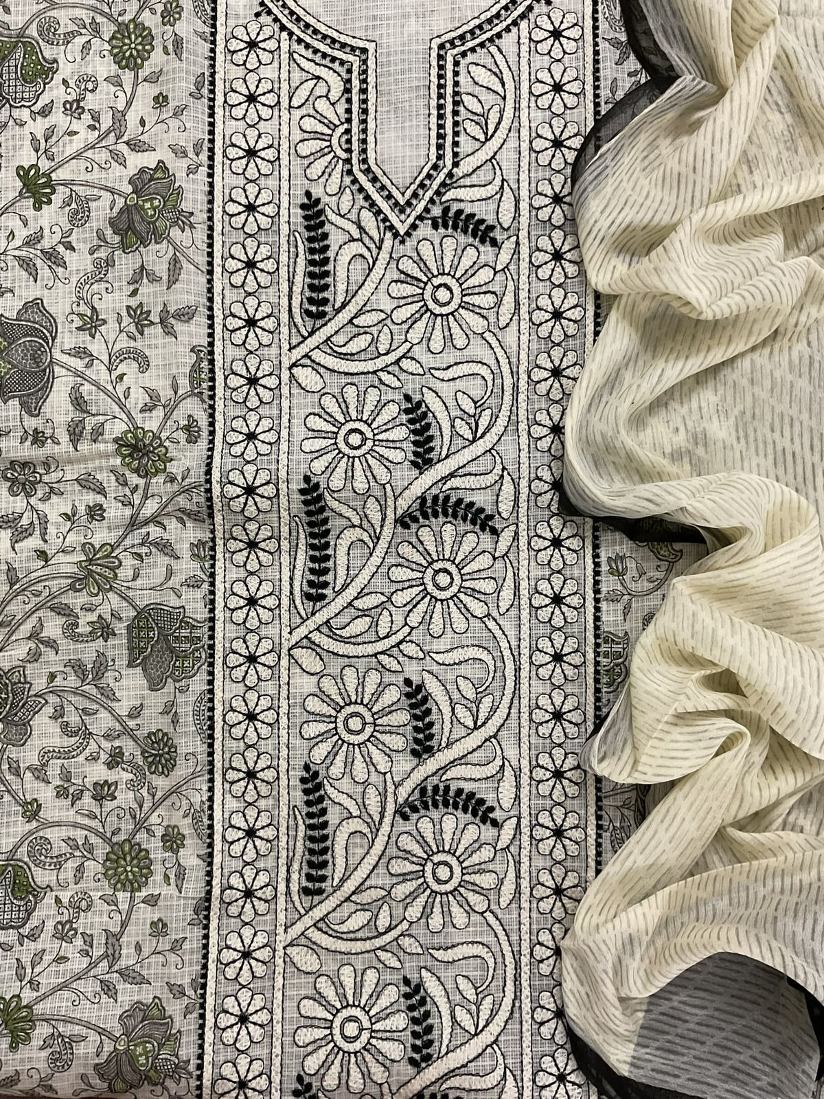Pure Kota Cotton Printed Embroidered Suit - Off White