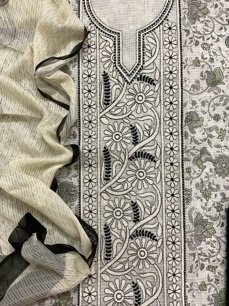 Image of Pure Kota Cotton Printed Embroidered Suit - Off White