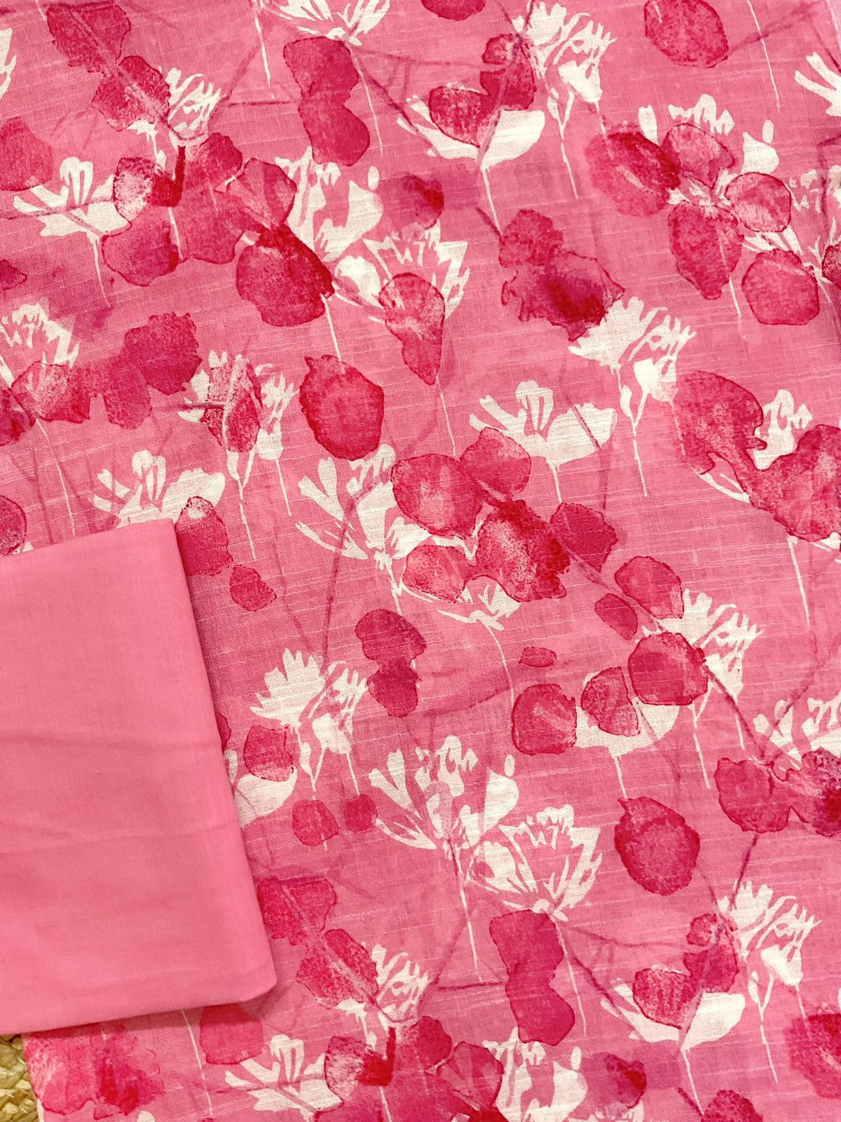 Pure Linen Jute Cotton Silk Printed Suit - Pink