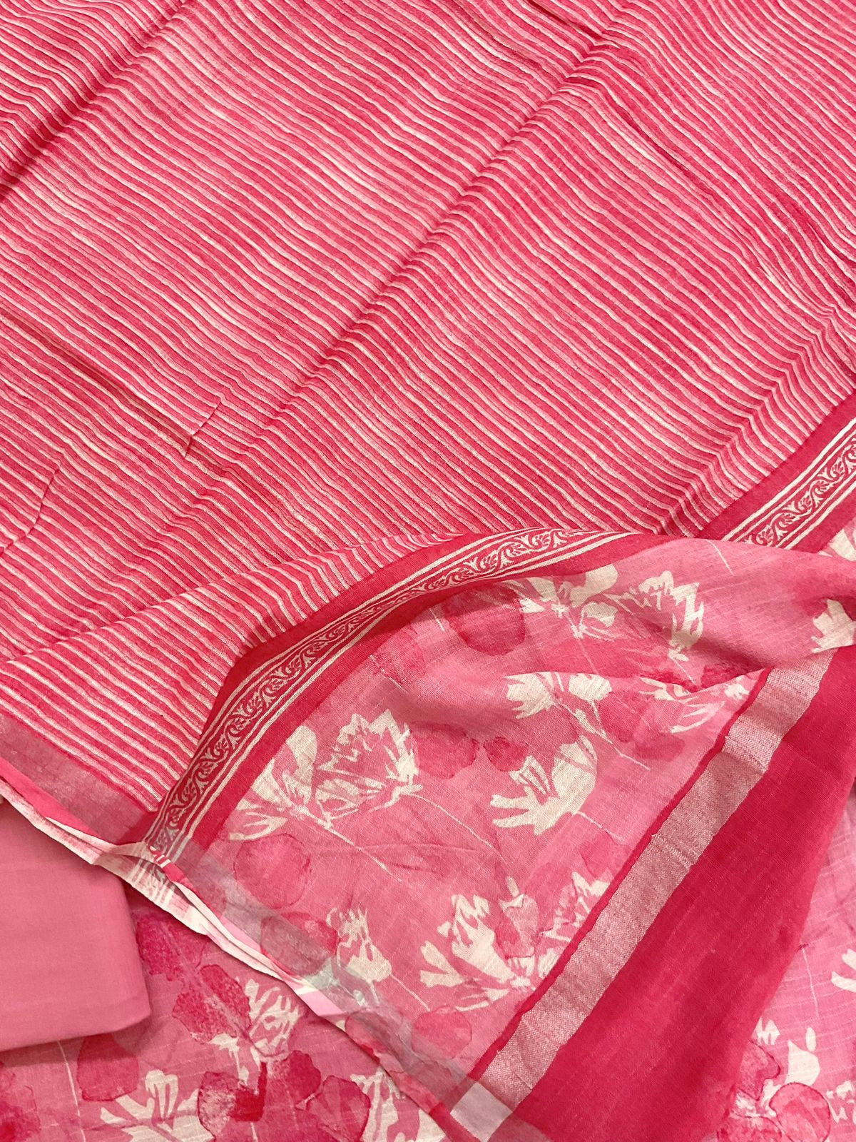 Pure Linen Jute Cotton Silk Printed Suit - Pink