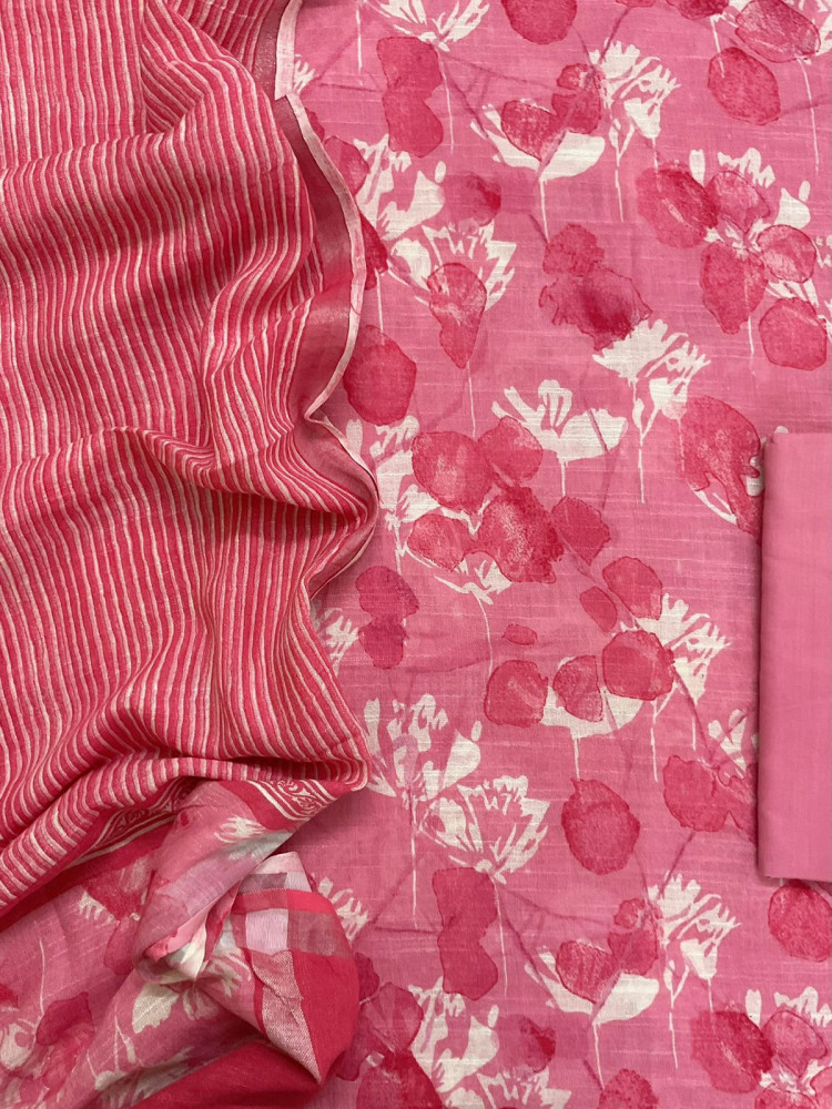Image of Pure Linen Jute Cotton Silk Printed Suit - Pink