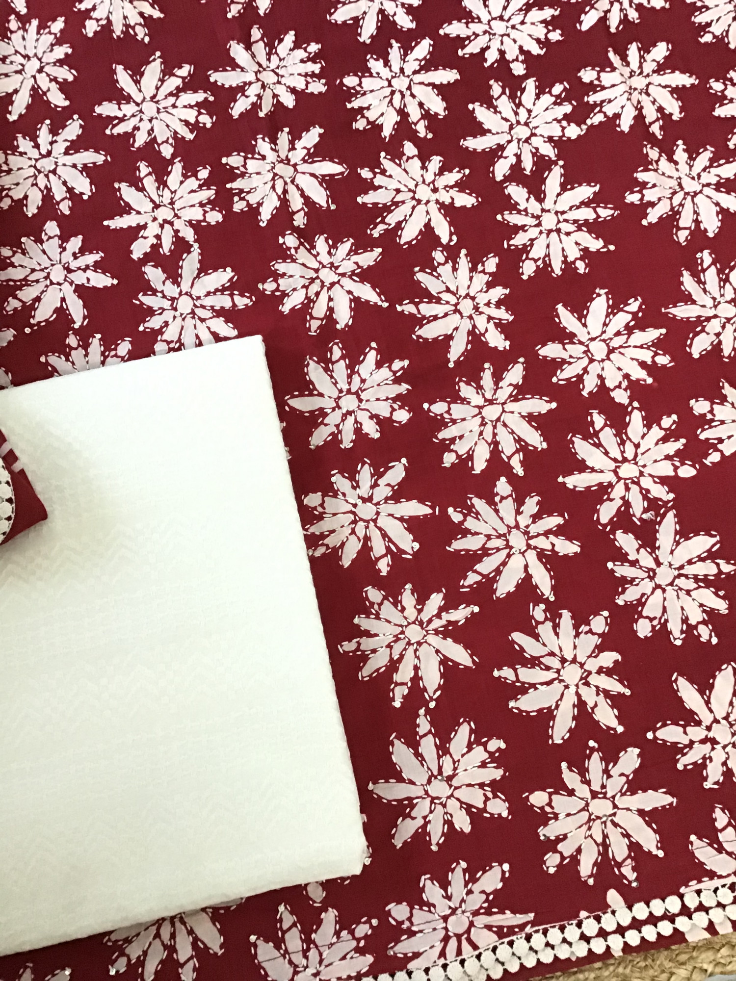 Pure Cotton Printed Embroidered Suit - Maroon