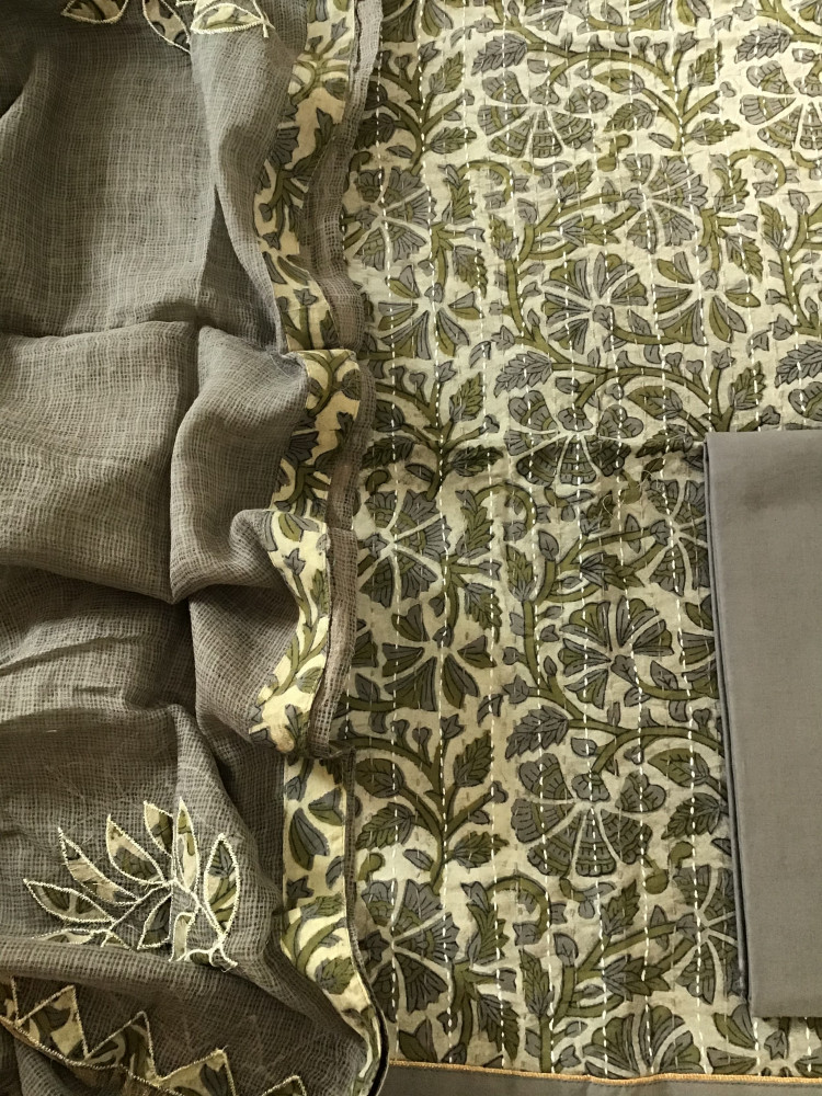 Image of Pure Fine Cotton Printed Embroidered Suit - Brown