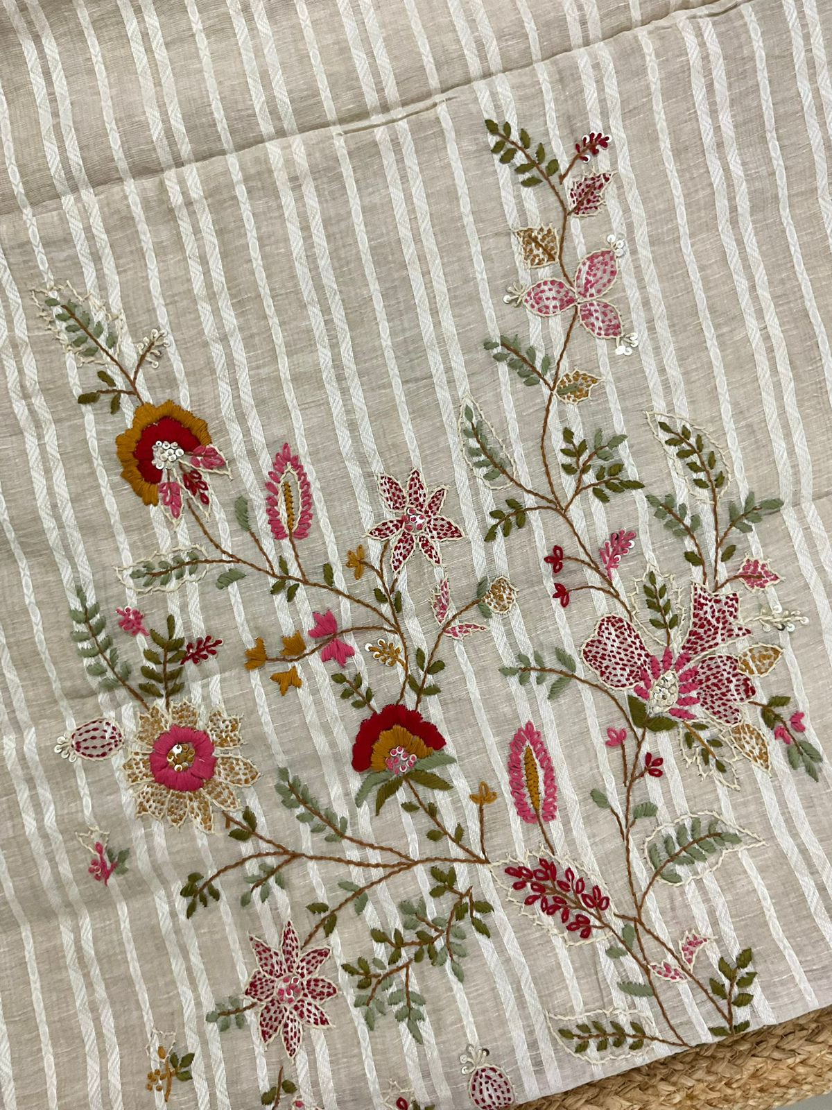 Pure Slub Chanderi Jamdani Weaved Embroidered Suit - Beige