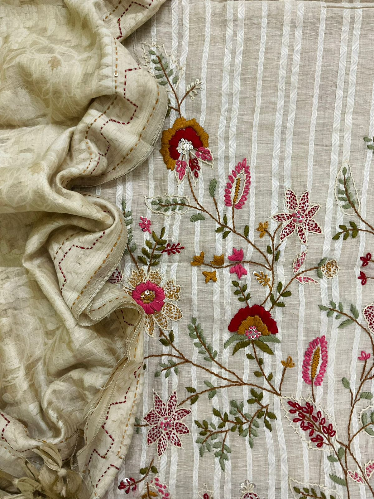 Pure Slub Chanderi Jamdani Weaved Embroidered Suit - Beige