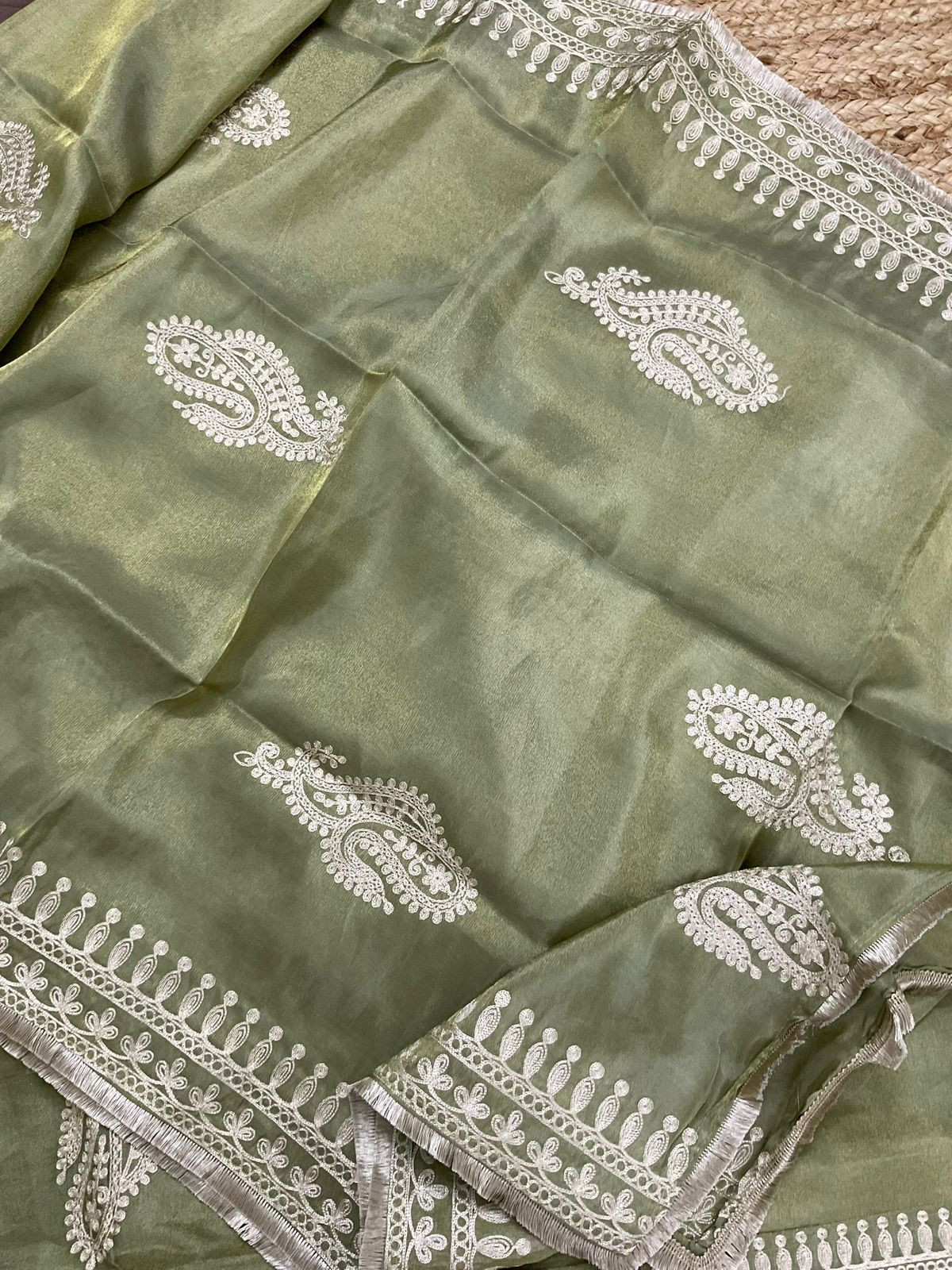 Soft Fine Tissue Shimmer Silk Embroidered Suit - Green