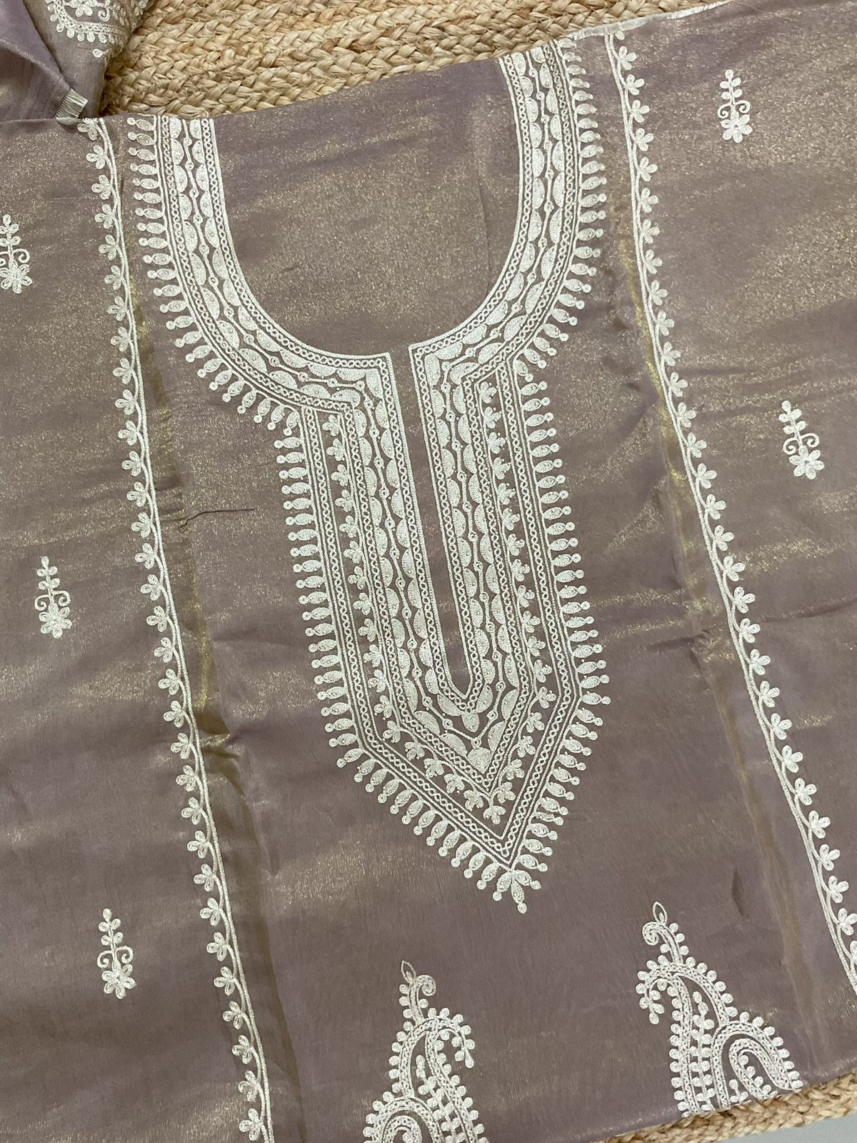 Soft Fine Tissue Shimmer Silk Embroidered Suit - Brown