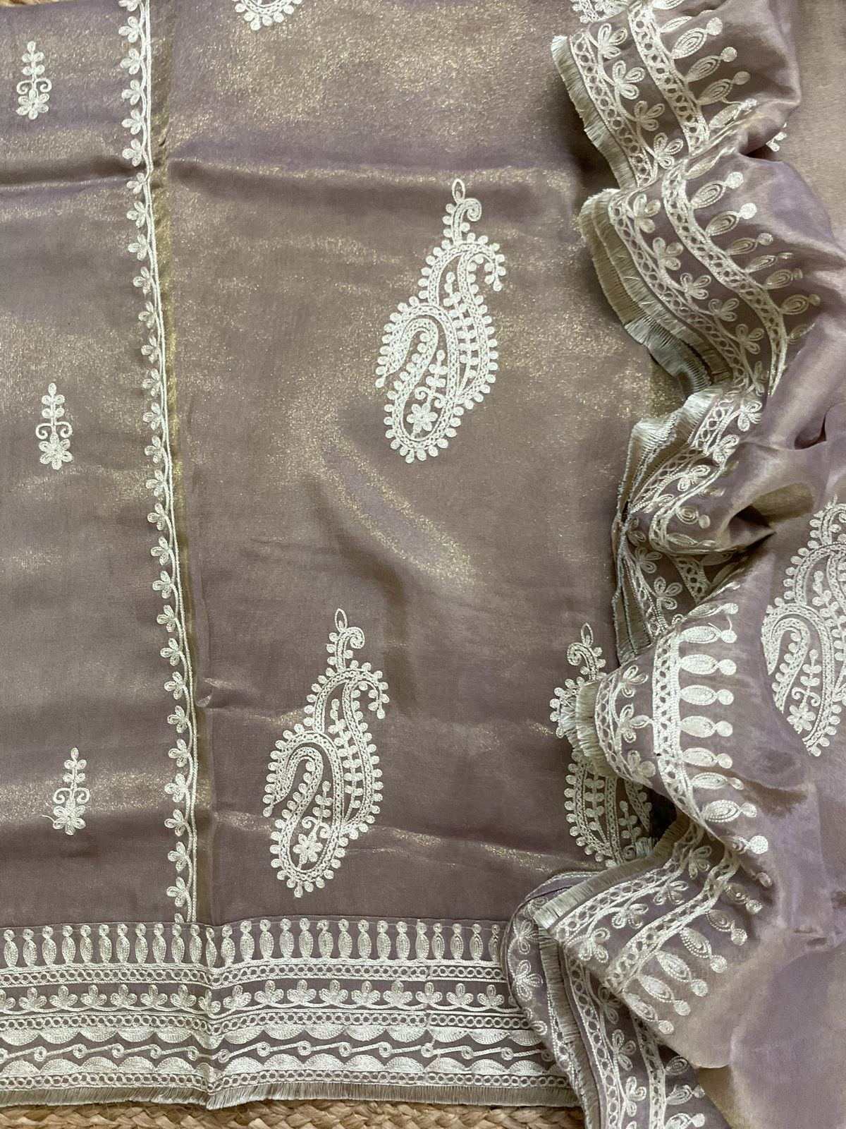 Soft Fine Tissue Shimmer Silk Embroidered Suit - Brown