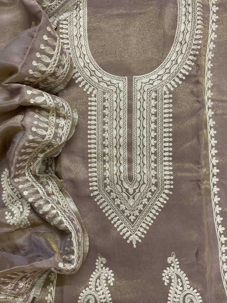 Image of Soft Fine Tissue Shimmer Silk Embroidered Suit - Brown