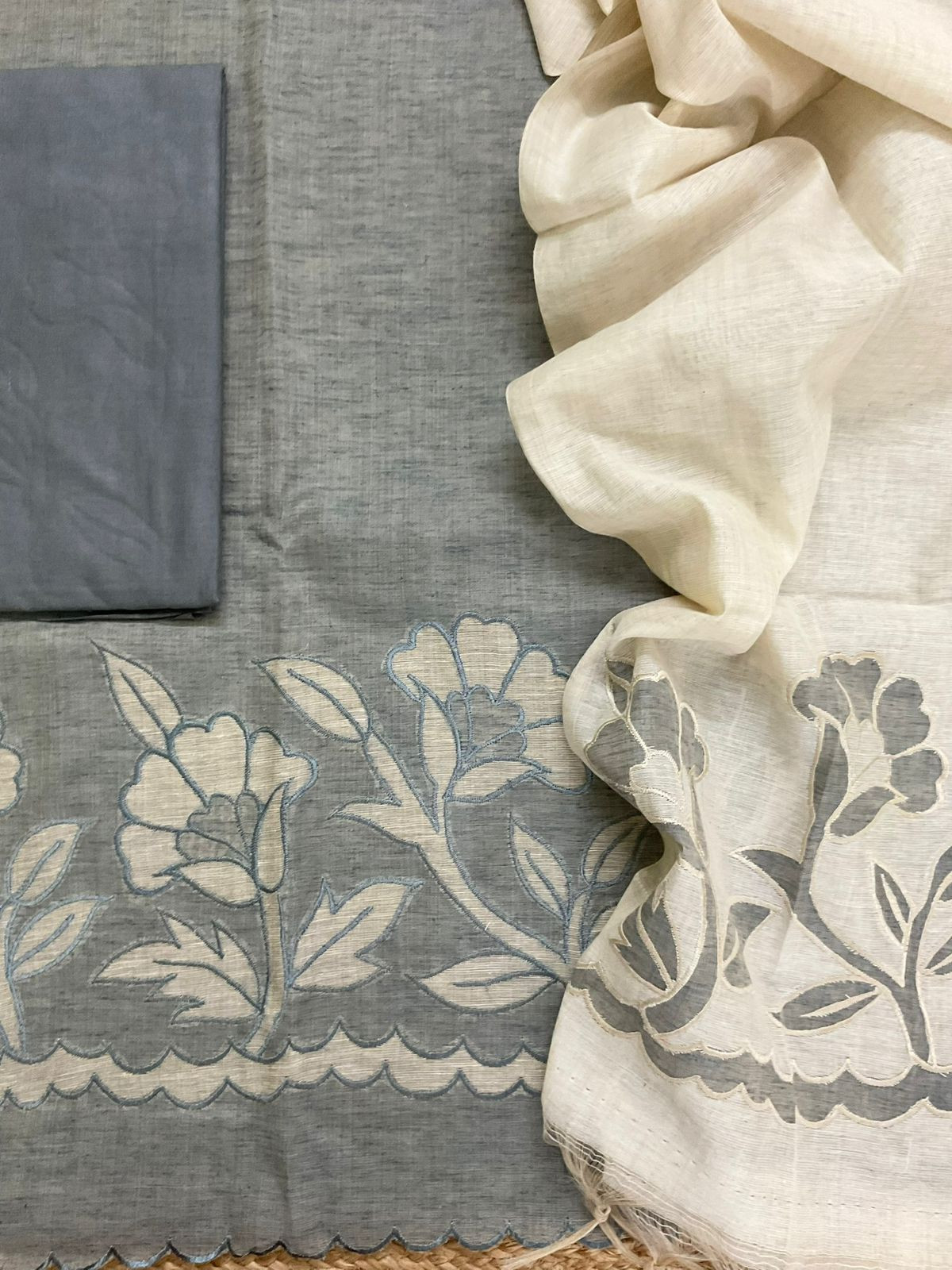 Soft Slub Chanderi Embroidered Suit - Grey
