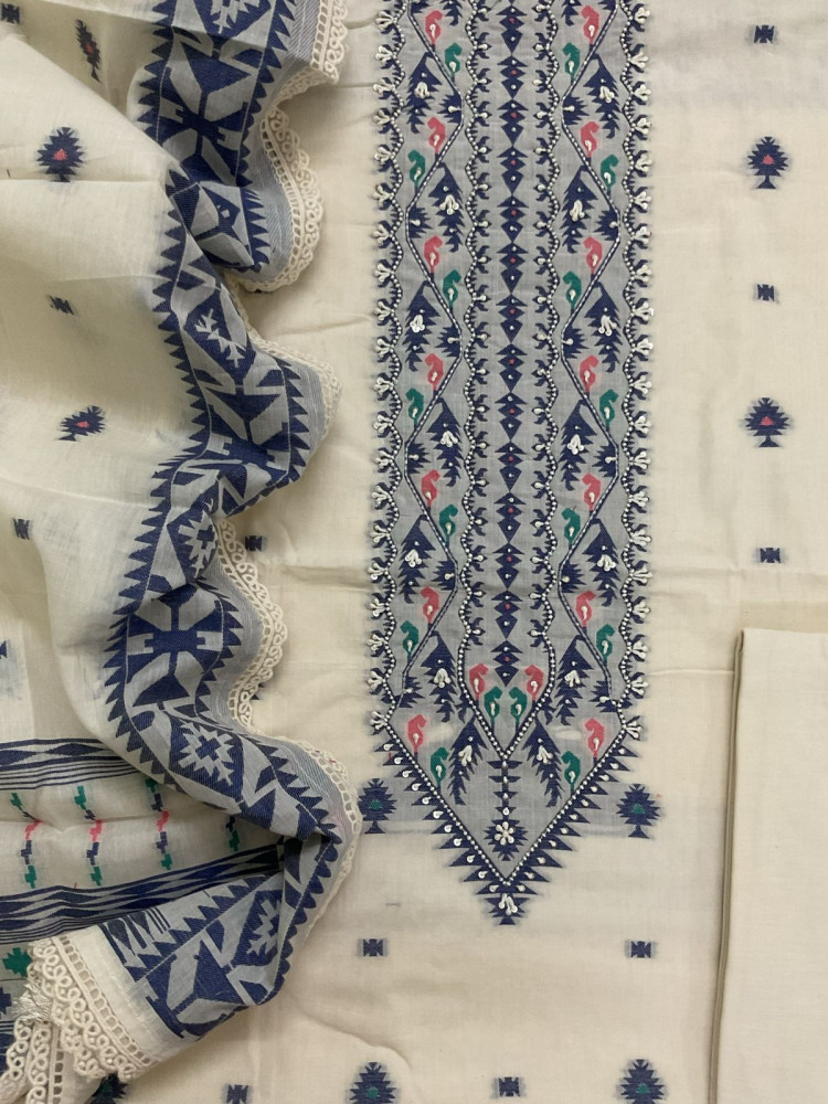 Image of Pure Fine Cotton Jamdani Weaved Embroidered Suit - Cream