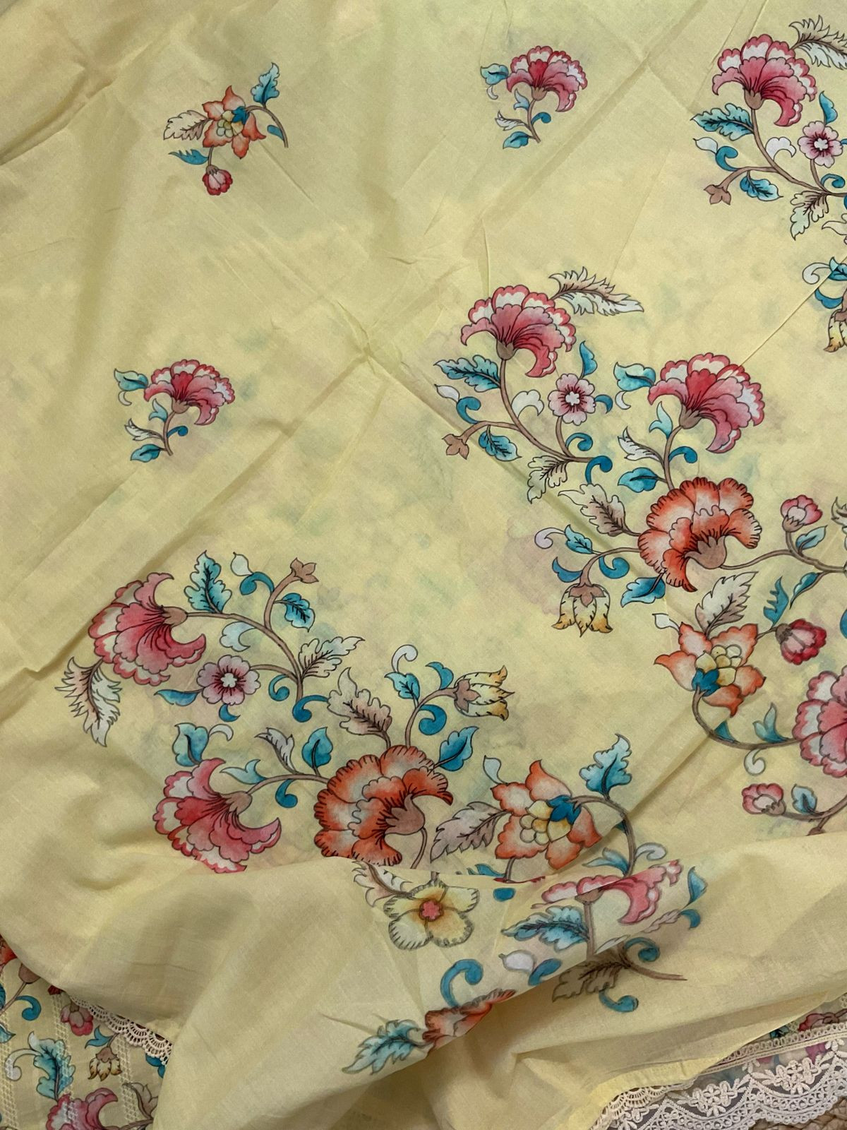 Pure Fine Mul Cotton Self Weaved Printed Suit - Yellow