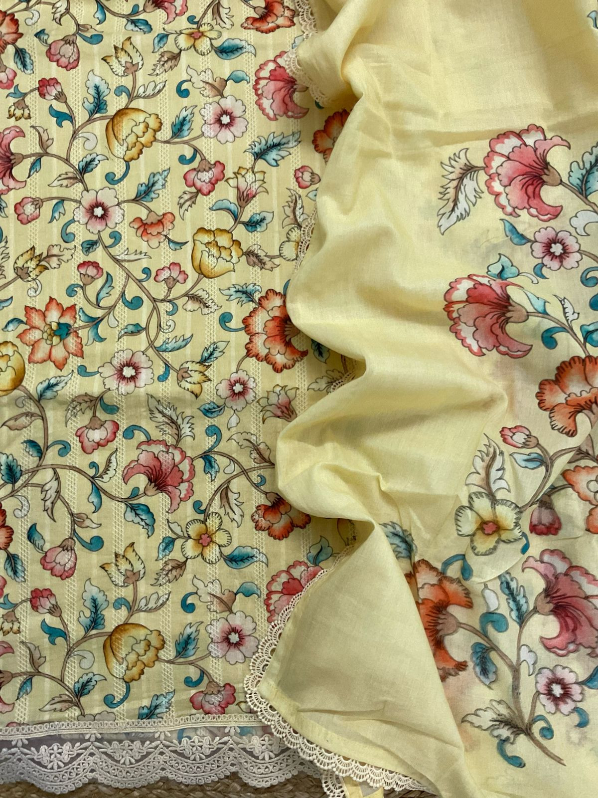Pure Fine Mul Cotton Self Weaved Printed Suit - Yellow