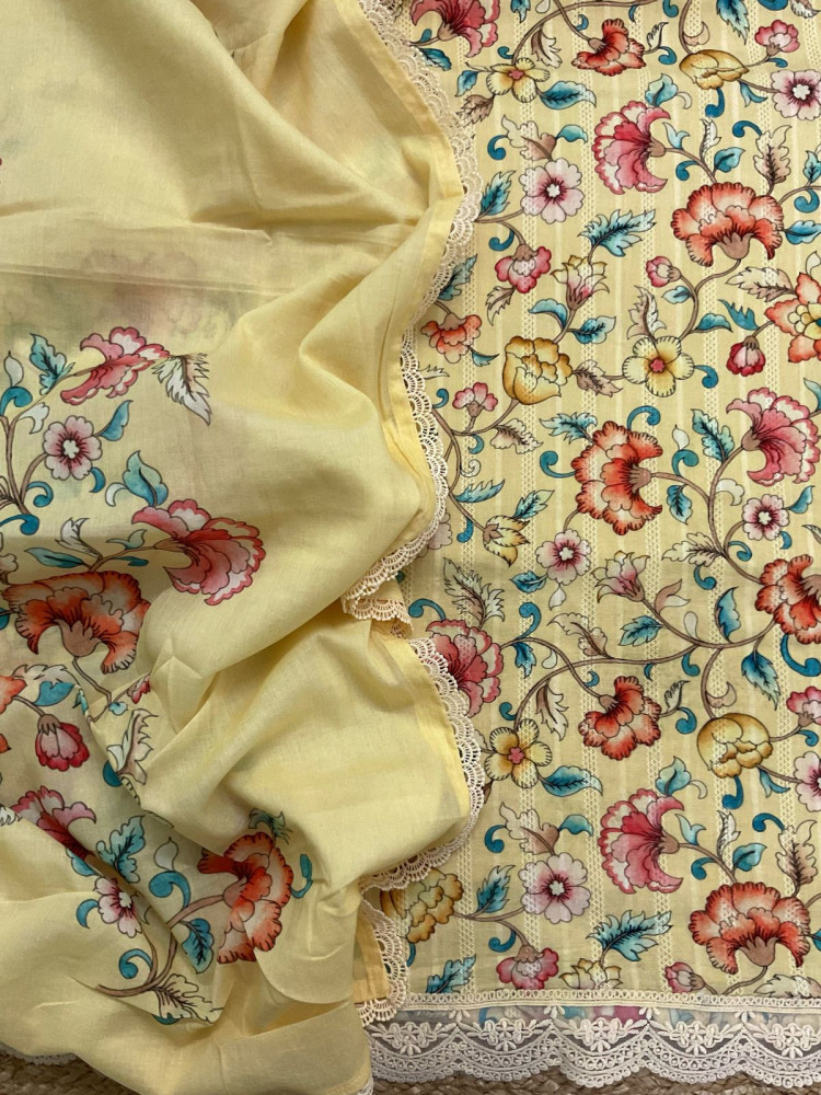 Image of Pure Fine Mul Cotton Self Weaved Printed Suit - Yellow