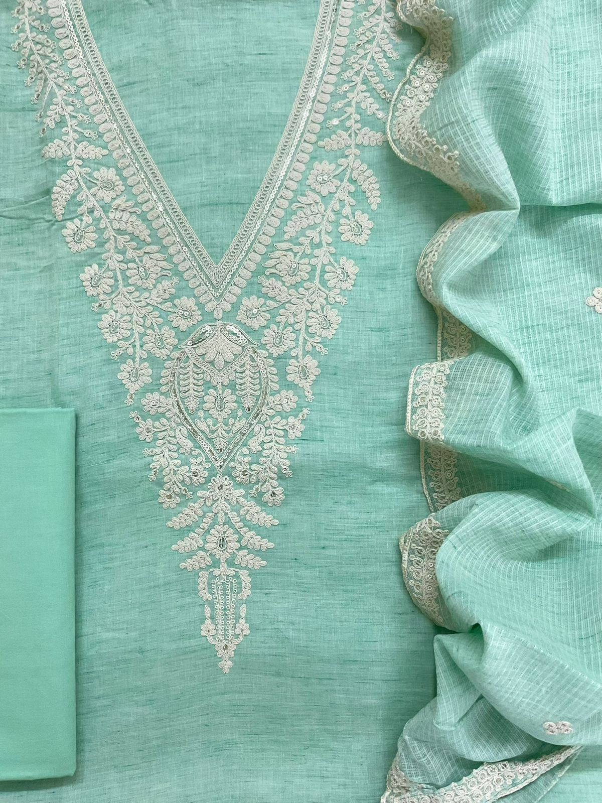 Pure Fine Handloom Cotton Embroidered Suit - Sea Green