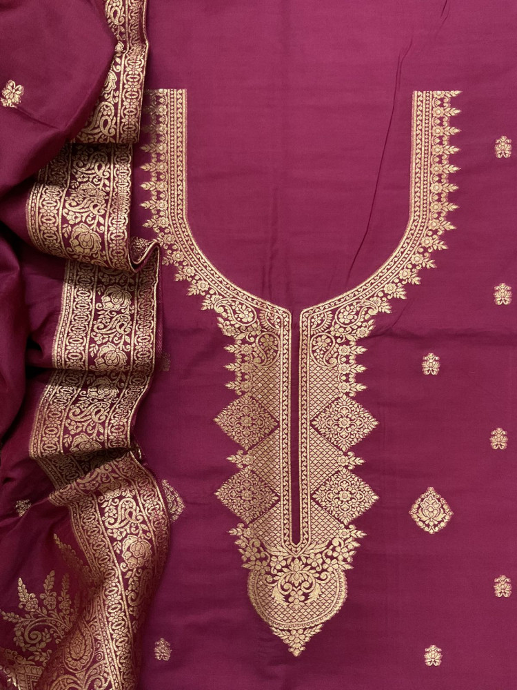 Image of Pure Chanderi Banarasi Weaved Suit - Wine