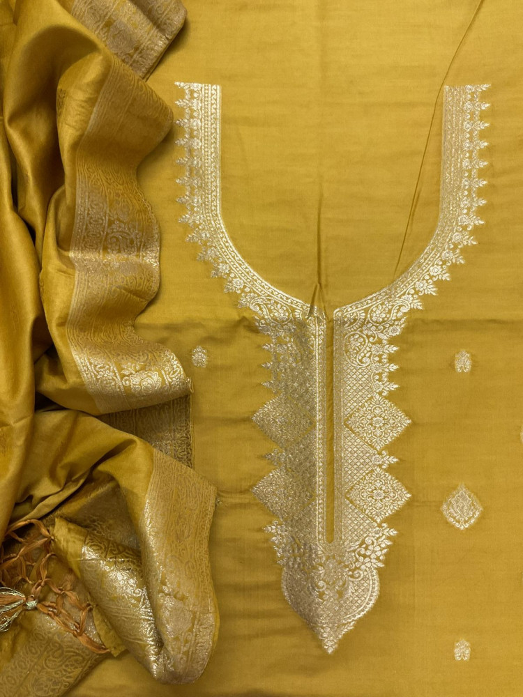 Image of Pure Chanderi Banarasi Weaved Suit - Yellow