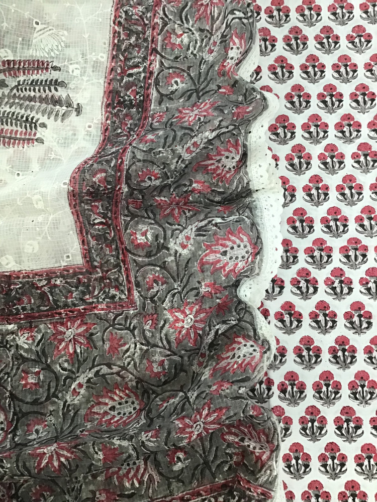 Image of Pure Cotton Printed Embroidered Suit -White