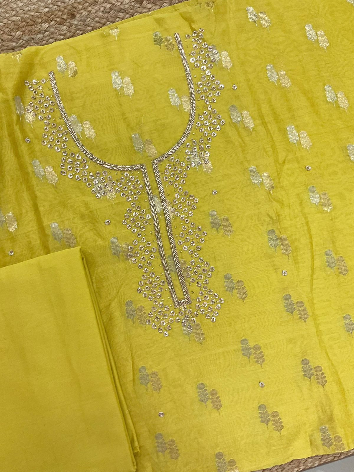 Pure Mul Chanderi Banarasi Weaved Embroidered Suit - Yellow